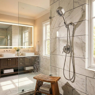 Modern bathroom with marble tiles, PureRain filtered shower head, and wooden stool.