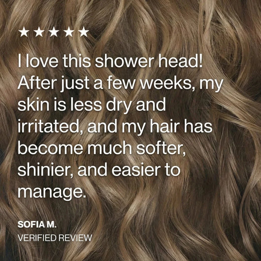 Close-up of wavy hair with a text overlay about product benefits and a verified review for PureRain's filtered showerhead.