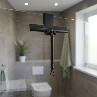PureRain matte black silicone shower squeegee with over-glass hook holder